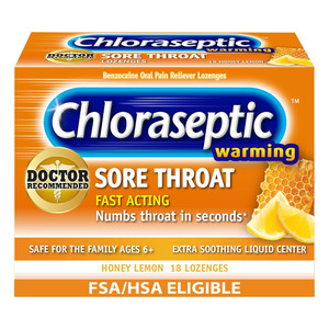 Chloraseptic Warming Sore Throat Cough Fast Acting Numbing Relief Extra Soothing Liquid Center Relieves Pain and Cools Nasal Passages Honey Lemon Lozenges 18Ea
