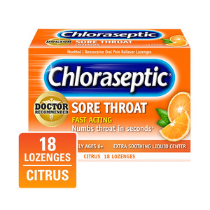 Chloraseptic Sore Throat Fast Acting Numbing Relief Extra Soothing Liquid Center Relieves Pain and Cools Nasal Passages Citrus Flavor Lozenges 18Ea
