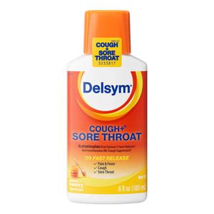 Delsym Cough Plus Sore Throat Fast Release Cough Relief Suppressant with Soothing Honey Flavored Liquid 6Oz (180ml)