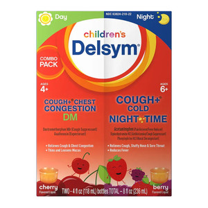 Delsym Childrens Cough Plus Chest Congestion Cough Relief Day and Night Cherry and Berry Flavor Combo Pack 4Oz (118ml)