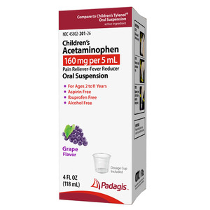 Padagis Acetaminophen Childrens 160mg Per 5ml Grape Pain Reliever Fever Reducer 4Oz (118ml)