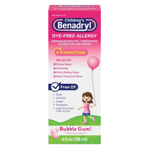 Benadryl Childrens Dye Free Allergy Liquid Bubble Gum Flavor 4Oz (118ml)