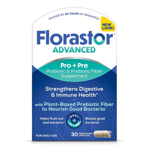 Florastor Advanced Pro and Pre Probiotic and Prebiotic Fiber Supplement Vegetarian Capsules 30Ea