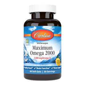 Carlson Maximum Omega 2000 mg Omega 3s Softgels for Heart Brain and Vision Health Support Natural Lemon Flavor 60Ea