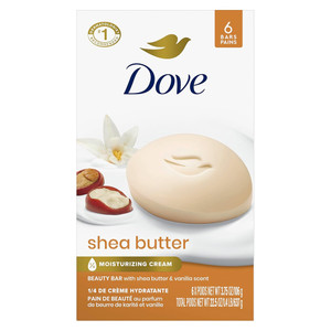Dove Beauty Bar Moisturizing Cream with Shea Butter and Vanilla Scent Cleanses Skin and Boosts Radiance 3.75Oz (106g) 6Ea