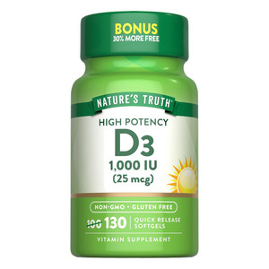 Natures Truth High Potency Vitamin D3 1000 IU Supplement Softgels Support Bone and Muscle Function 130Ea