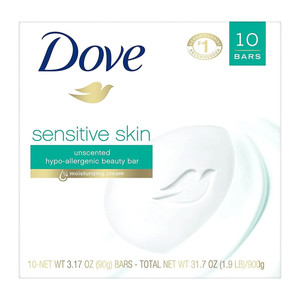 Dove Beauty Bar Soap Sensitive Skin Moisturizing Cream Hypoallergenic and Fragrance Free Gently Cleanses Dry Skin 3.17Oz (90g) 10Ea