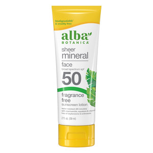 Alba Botanica Sheer Mineral SPF 50 Face Sunscreen Lotion Fragrance Free 2Oz (59ml)