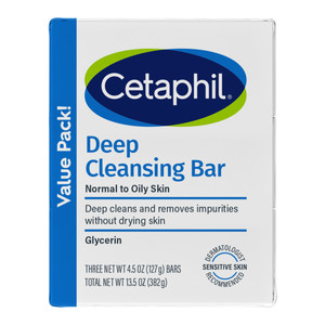 Cetaphil Deep Cleansing Bar Soap Deep Cleans and Removes Impurities Normal to Oily Skin 4.5Oz (127g), 3Ea