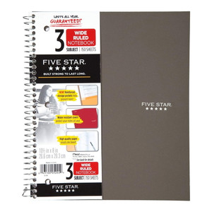 Five Star Spiral Notebook, 3 Subject, Wide Ruled Paper, 150 Sheets, Assorted Colors, 1 Ea Five Star Spiral Notebook, 3 Subject, Wide Ruled Paper, 150 Sheets, Assorted Colors, 1 Ea