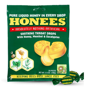 Honees Honey Menthol Eucalyptus Drops for Soothing Sore Throat 3.5Oz (100g) 20Ea, Pack of 12