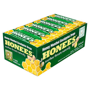 Honees Honey Menthol and Eucalyptus Drop Bars for Sore Throat Relief 1.6Oz (45g) 24Ea