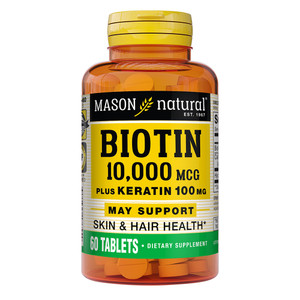 Mason Natural Biotin 10000 MCG Plus Keratin 100mg Tablets Support Healthy Hair Skin and Nails 60Ea