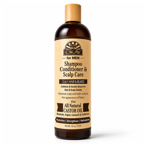 Okay Mens Castor Oil Hair and Beard 3 in 1 Shampoo Conditioner and Scalp Care 16Oz (473ml)