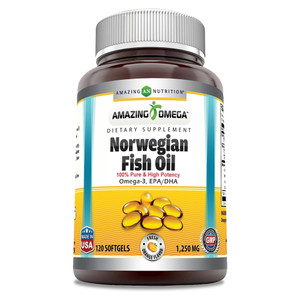 Amazing Omega Norwegian Fish Oil 1250 Mg Softgels Heart Brain and Joint Support 120Ea