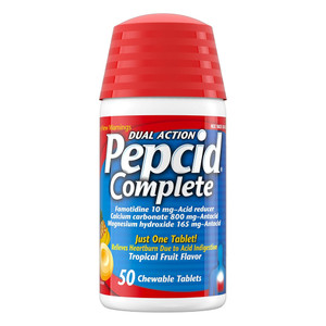 Pepcid Complete Dual Action Acid Reducer and Antacid Chewable Tablets Tropical Fruit Relieves Heartburn 50Ea