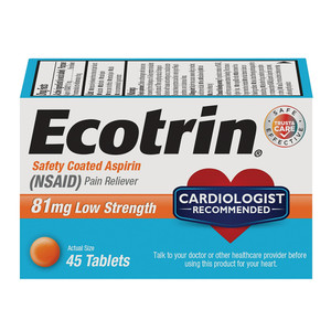 Ecotrin Adult Low Dose Aspirin 81 mg Safety Coated Tablets for Pain Relief 45Ea
