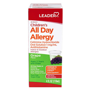 Leader Childerns All Day Allergy Cetrizine Hydrochloride Oral Solution Grape Syrup 4Oz (118ml)