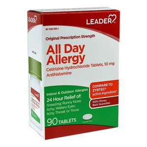 Leader All Day Allergy Cetirizine HCL 10mg Tablets Relief Runny Nose Itchy Throat and Nose 90Ea