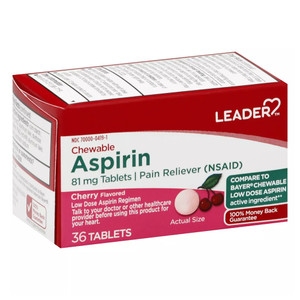 Leader Aspirin Chewable 81mg Pain Reliever Tablets Cherry Flavor 36Ea