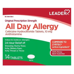 Leader All Day Allergy Cetirizine HCL 10mg Tablets Relief Runny Nose Itchy Throat and Nose 14Ea