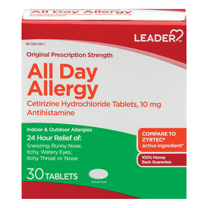 Leader All Day Allergy Cetirizine HCL 10mg Tablets Relief Runny Nose Itchy Throat and Nose 30Ea