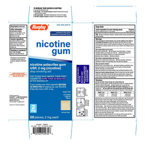 Rugby Sugar Free 2mg Nicotine Polacrilex Gum Original Chewable Stop Smoking Aid 20Ea
