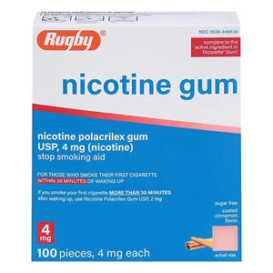 Rugby Sugar Free 4mg Nicotine Polacrilex Gum Coated Cinnamon Chewable Stop Smoking Aid 100Ea
