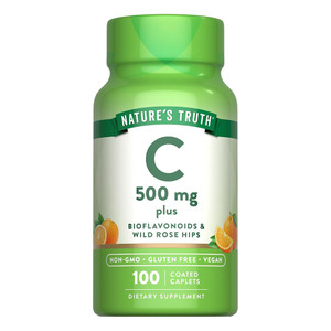 Natures Truth Vitamin C 500mg Plus Bioflavonoids and Rose Hips Coated Caplets Support Immune Health 100Ea