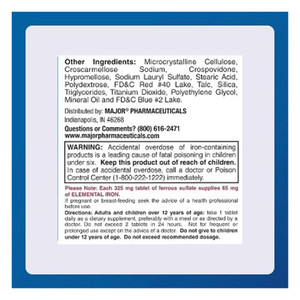 Major Ferosul Ferrous Sulfate 325mg Iron Support Energy and Blood Health Red Tablets 1000Ea