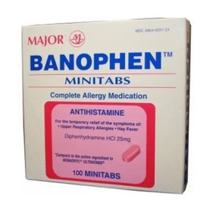 Major Banophen Antihistamine HCI 25 Mg Allergy Medication, 100 Ea