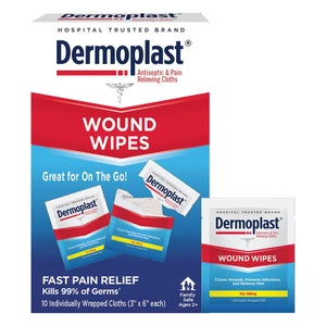 Dermoplast Wound Wipes 3 in 1 Medicated Antiseptic and Fast Pain Relief Individually Wrapped Cloths 10Ea
