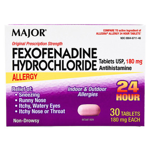 Major Fexofenadine Hydrochloride Antihistamine 180mg Non Drowsy 24 Hours Allergy Relief Tablets 30Ea