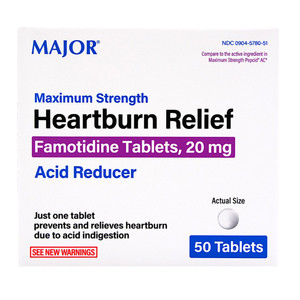 Major Maximum Strength Heartburn Relief 20mg Famotidine Tablets Acid Reducer Relieves Heartburn 50Ea