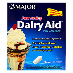 Major Fast Acting Dairy Aid Lactase Enzyme Supplement Caplets for Gas Diarrhea and Bloating 32Ea