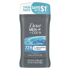Dove Men Plus Care Long Lasting Antiperspirant Deodorant Stick for Men Twin Pack, Clean, 2.7 Oz