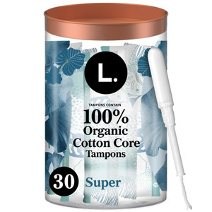 L Tampons Organic Cotton Core Super Reliable Leak Protection and Comfortable Fit 30Ea