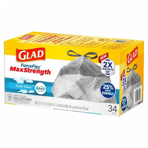 Glad ForceFlex MaxStrength Kitchen Trash Bags 13 Gal Fresh Clean Febreze Freshness 34Ea
