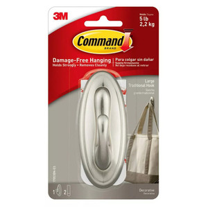 3M Command Large Brushed Nickel Wall Hook Heavy Duty 1Ea