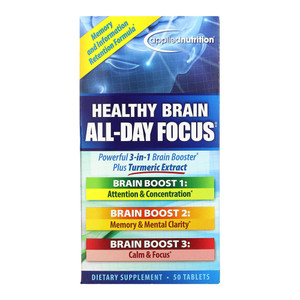 Applied Nutrition Healthy Brain All Day Focus Tablets Powerful 3 in 1 Brain Booster Plus Turmeric Extract 50Ea