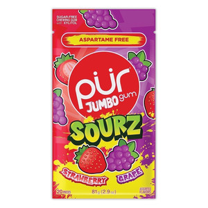 Pur Jumbo Gum Sourz Strawberry and Grape with Xylitol Aspartame and Sugar Free Assorted Flavors 20Ea