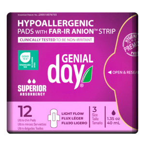Genial Day Eco Certified Mini Pads with Anion Strip for Light Menstrual Flow Protection 12Ea