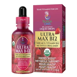 Tropical Oasis Organic Ultra Max B12 7500mcg Strawberry Flavor Support Heart and Brain Health 4Oz (120ml)