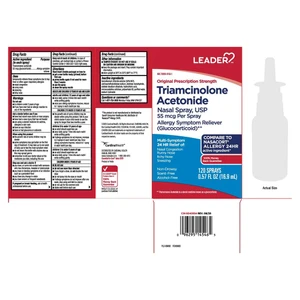 Leader Triamcinolone Acetonide Nasal Spray USP 55mcg Per Spray Allergy Symptom Reliever 0.57Oz (16.9ml)