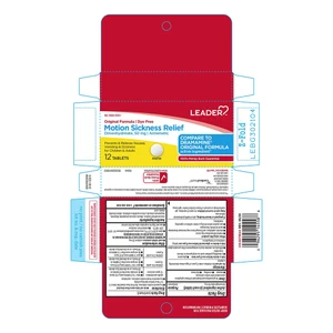 Leader Motion Sickness Relief Original Formula Dye Free Tablets Relieves Nausea and Dizziness 14Ea