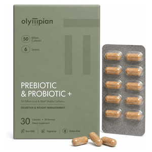 Olympian Labs Extra Strength Complete Prebiotic and Probiotic Veg Capsules for Digestive and Weight Management 30Ea