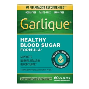 Garlique Healthy Blood Sugar Formula Garlic Extract Supplement Odor Free Veg Caplets 60Ea