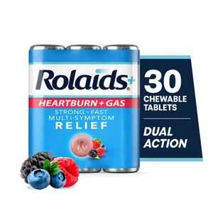 Rolaids Heartburn Plus Gas Multisymptom Relief Chewable Tablets Berry Flavor 30Ea, Pack of 3