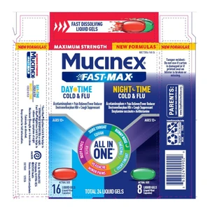 Mucinex Maximum Strength Fast Max Cold Flu Day and Night Time Liquid Gels Capsules Pain Reliever and Fever Reducer 24Ea