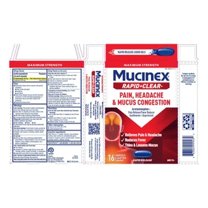 Mucinex Maximum Strength Rapid Plus Clear Liquid Gels Capsules Relieves Pain Headache and Mucus Congestion 16Ea